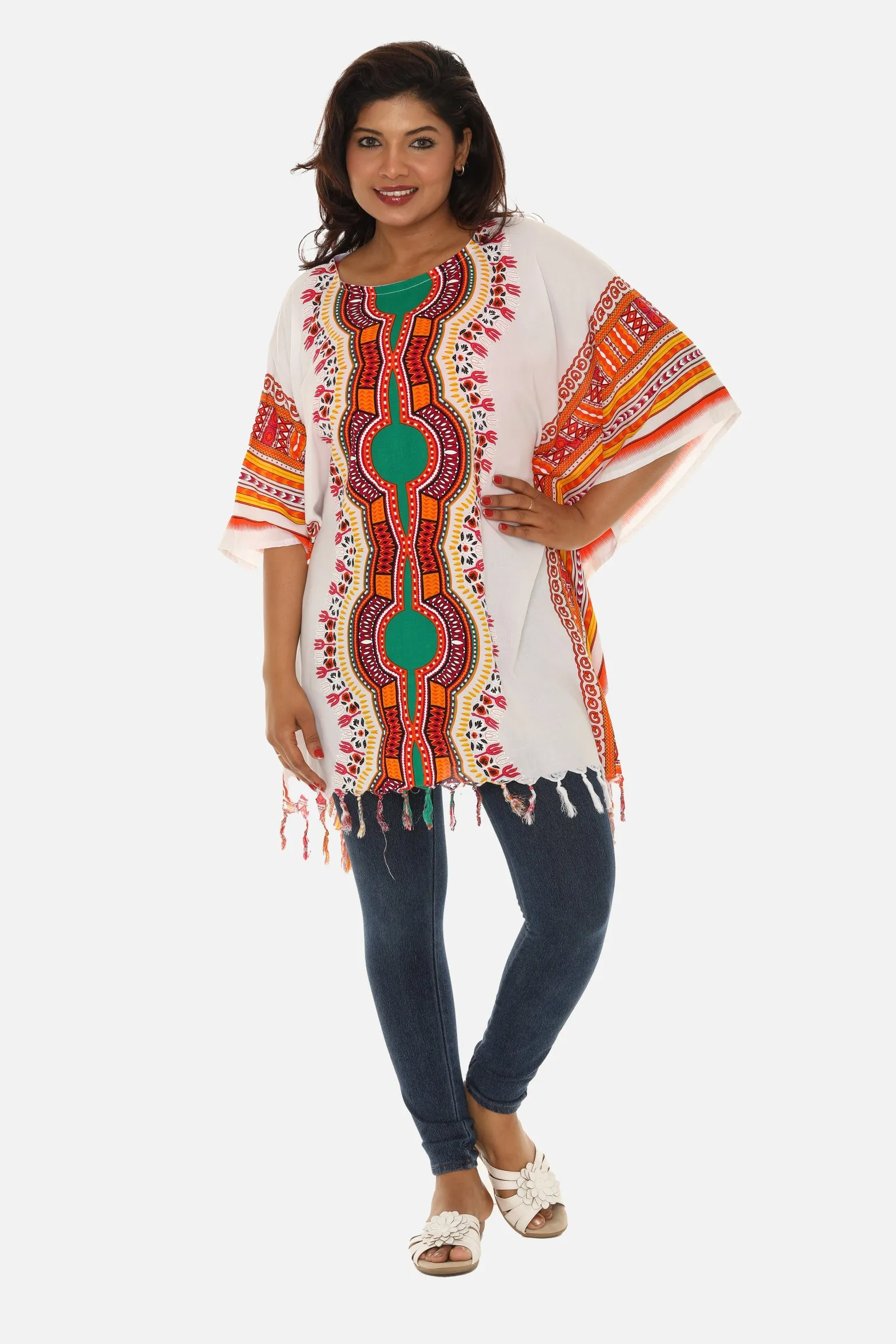 Bohemian Breeze: White Cotton Caftan with Multi-Colored Tribal Print and Tassels