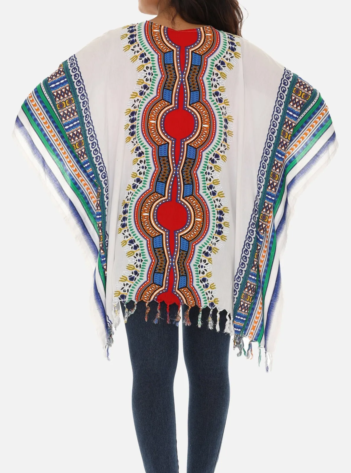 Bohemian Breeze: White Cotton Caftan with Multi-Colored Tribal Print and Tassels