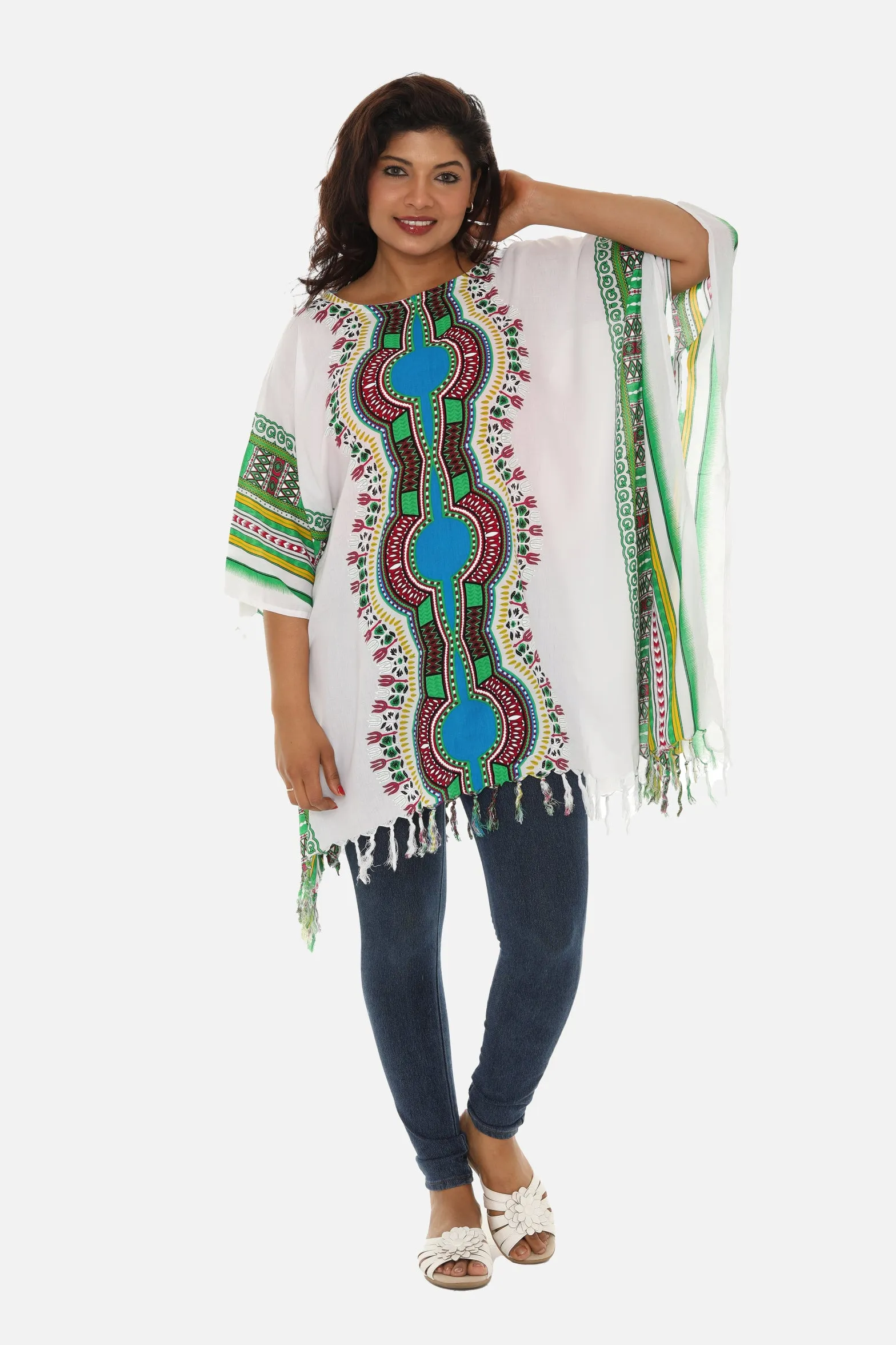 Bohemian Breeze: White Cotton Caftan with Multi-Colored Tribal Print and Tassels