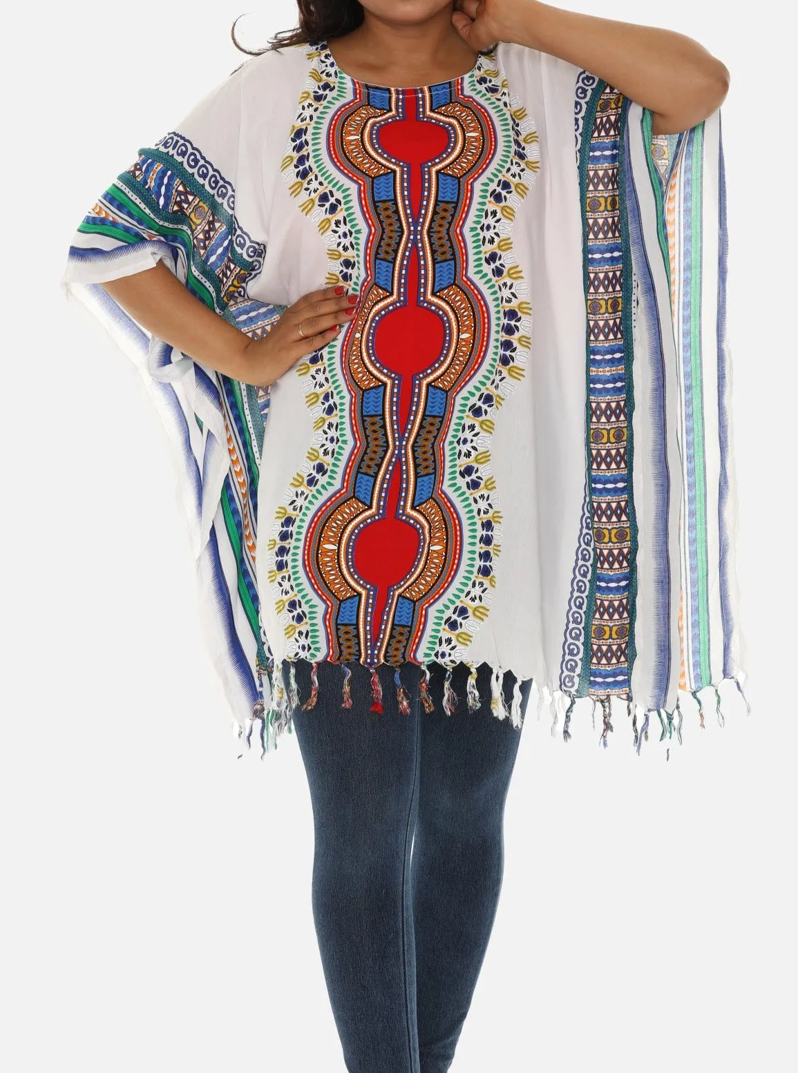Bohemian Breeze: White Cotton Caftan with Multi-Colored Tribal Print and Tassels