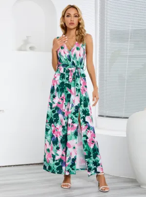 Bohemian Printed Sleeveless V-neck Slit Dress