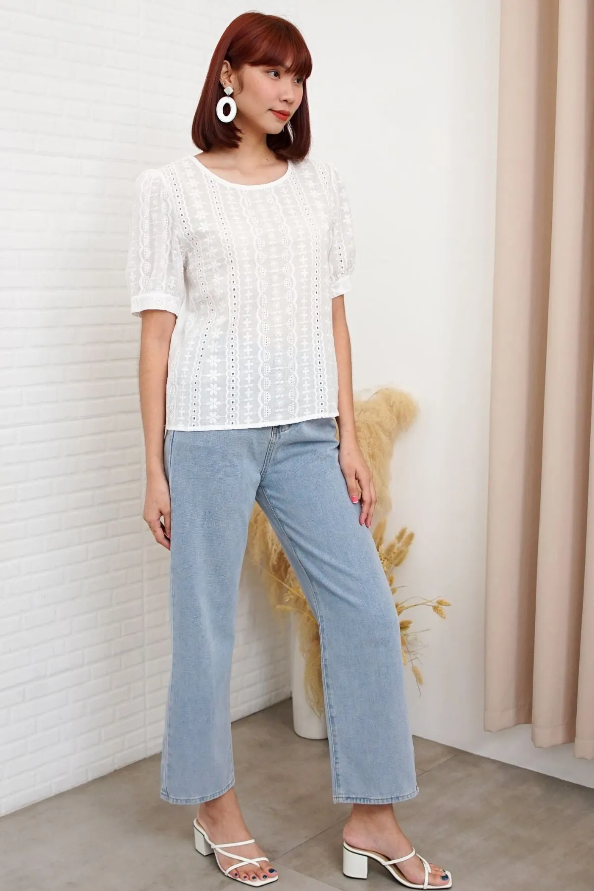 CHARLEE Puff-Sleeve Eyelet Top (White)