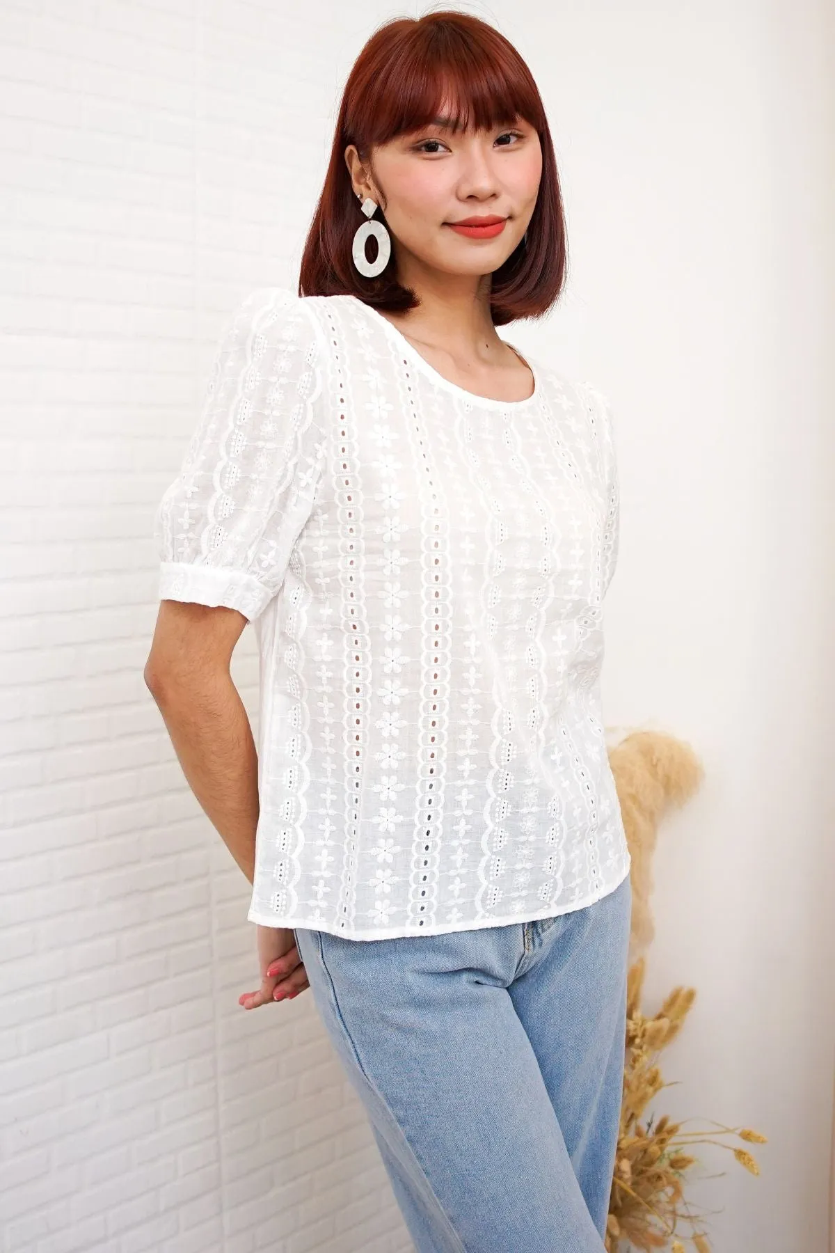 CHARLEE Puff-Sleeve Eyelet Top (White)