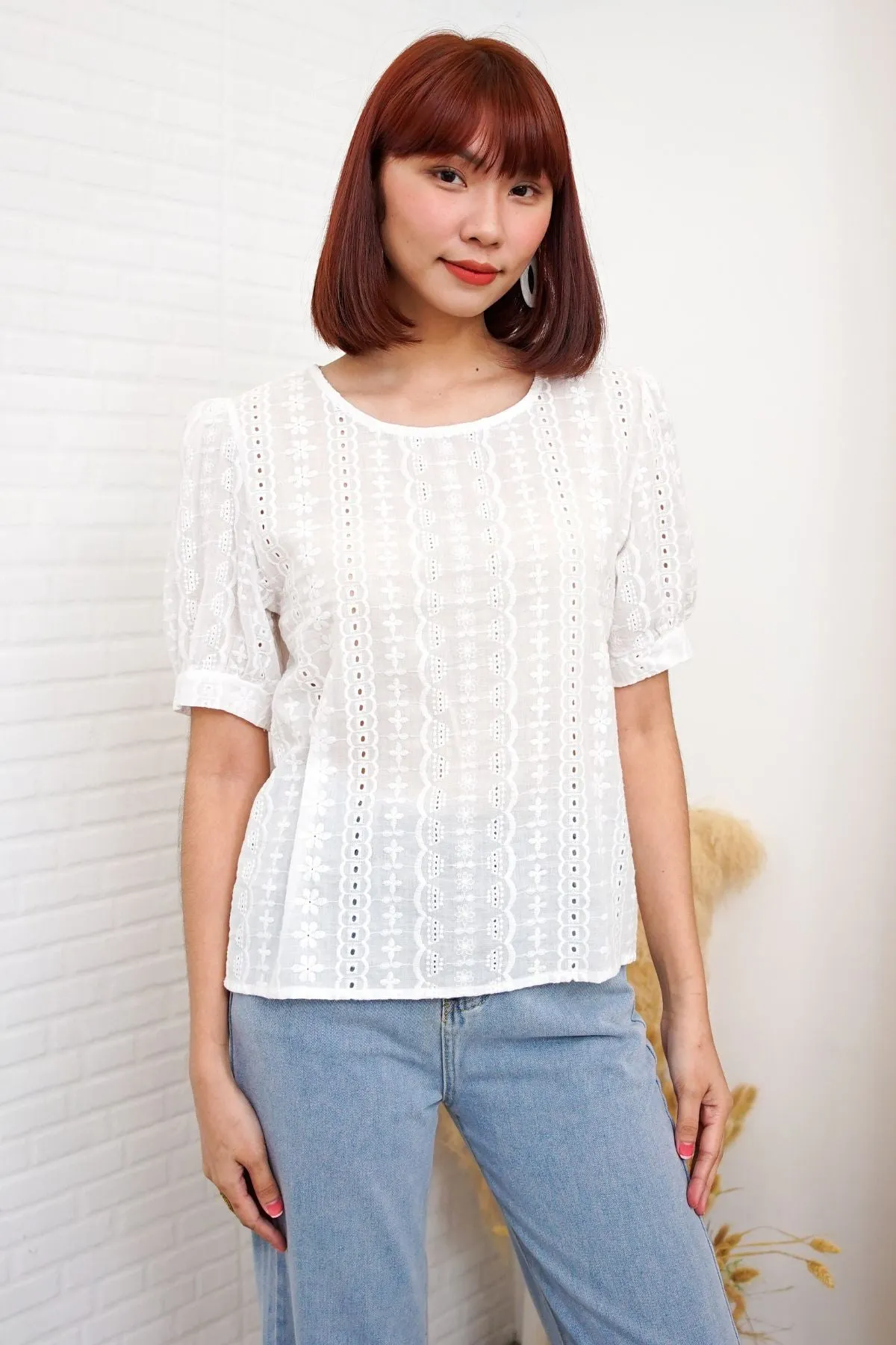 CHARLEE Puff-Sleeve Eyelet Top (White)