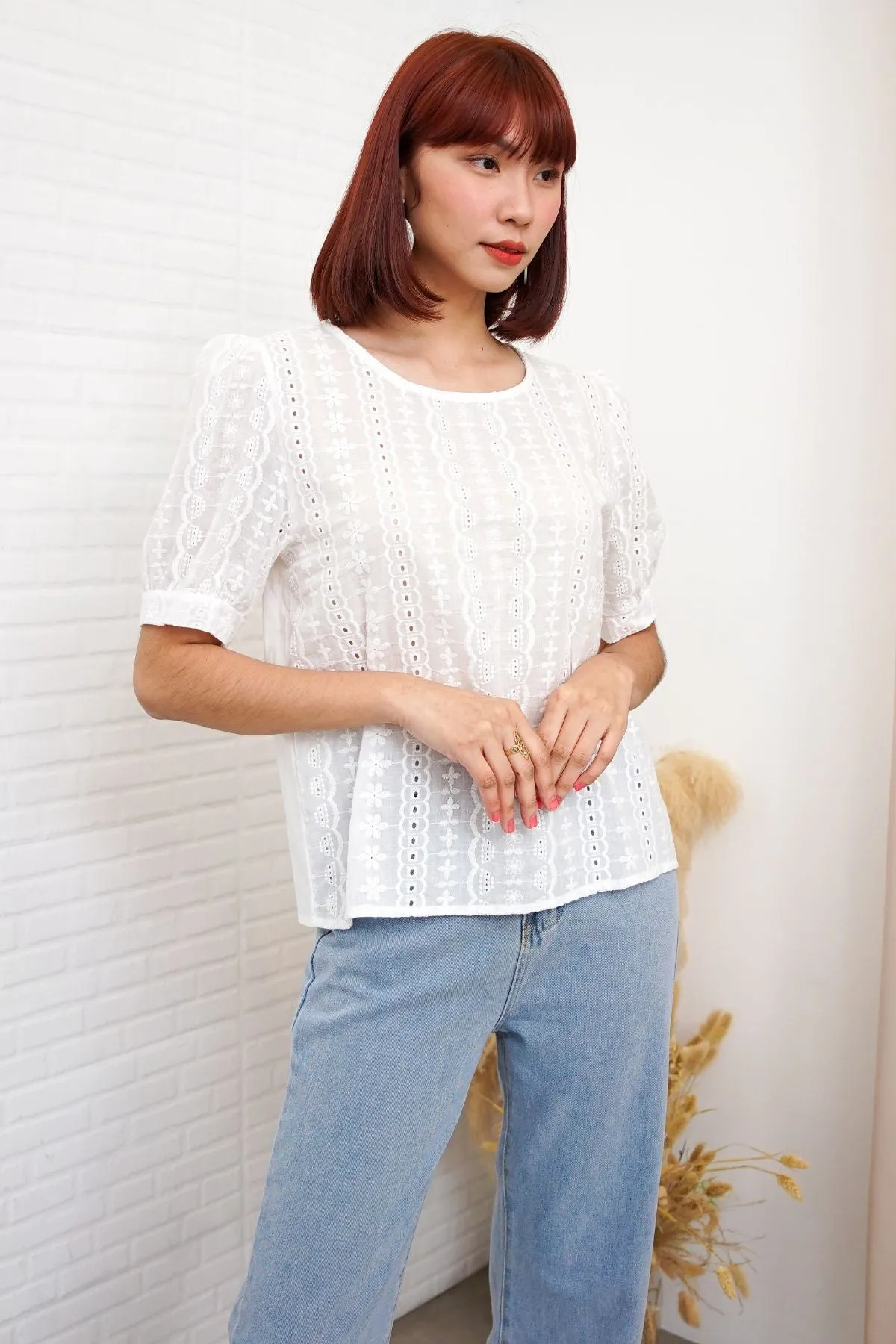 CHARLEE Puff-Sleeve Eyelet Top (White)