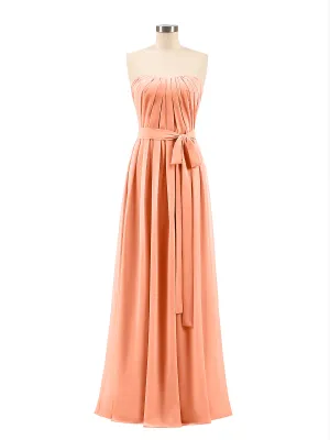 Chiffon Strapless Bridesmaid Gown with Sash-Papaya