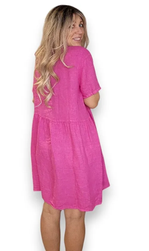 COCONUT BUTTON MIDI DRESS LINEN HOT PINK