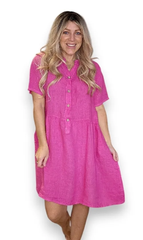 COCONUT BUTTON MIDI DRESS LINEN HOT PINK