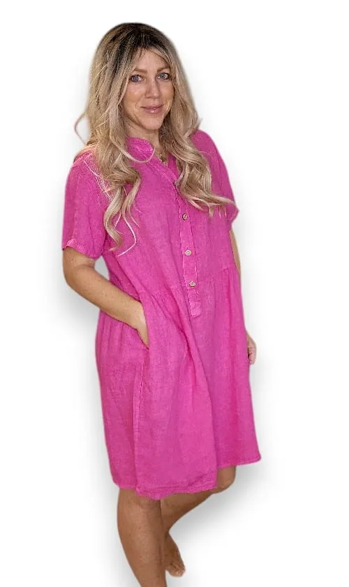 COCONUT BUTTON MIDI DRESS LINEN HOT PINK