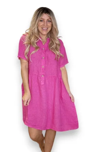 COCONUT BUTTON MIDI DRESS LINEN HOT PINK