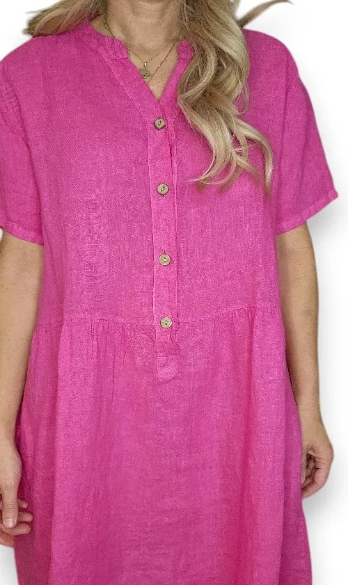 COCONUT BUTTON MIDI DRESS LINEN HOT PINK
