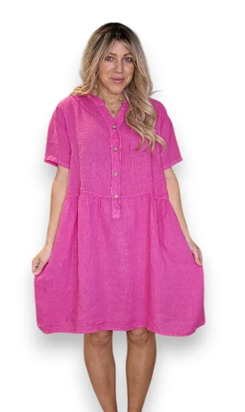 COCONUT BUTTON MIDI DRESS LINEN HOT PINK