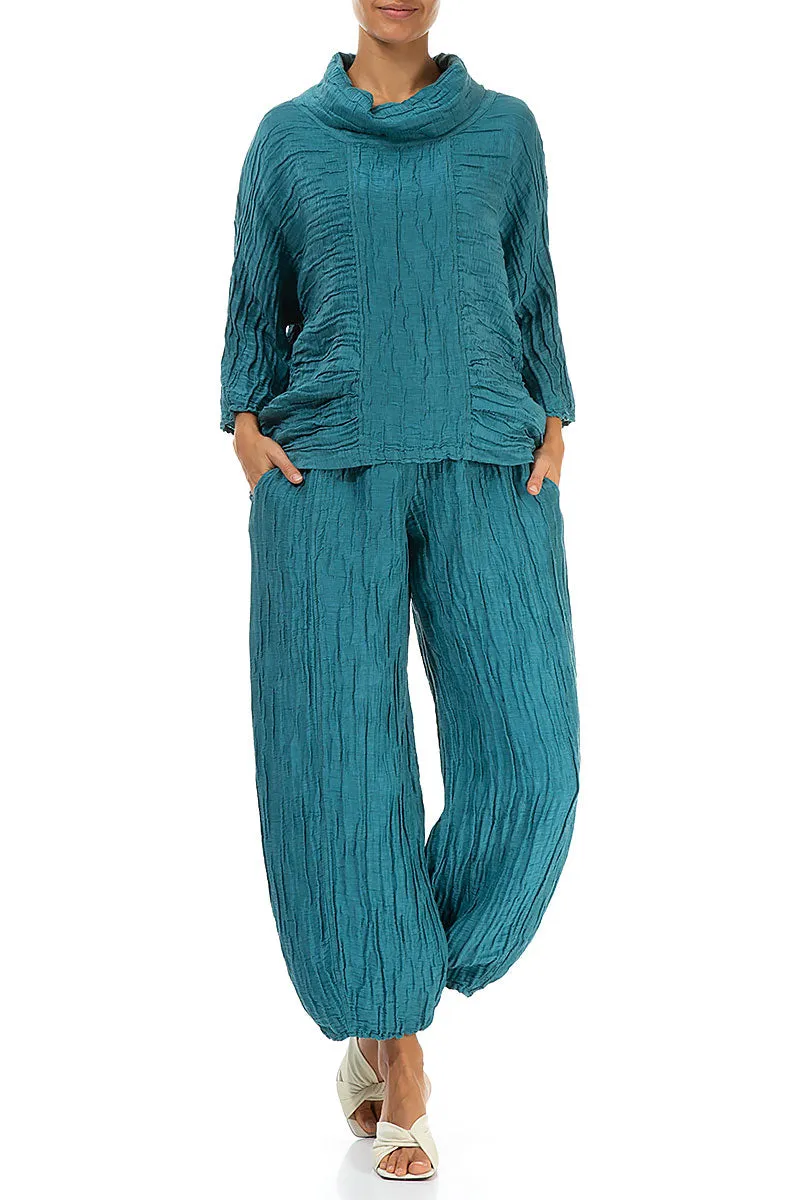 Cowl Neck Crinkled Turquoise Silk Blouse