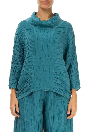 Cowl Neck Crinkled Turquoise Silk Blouse