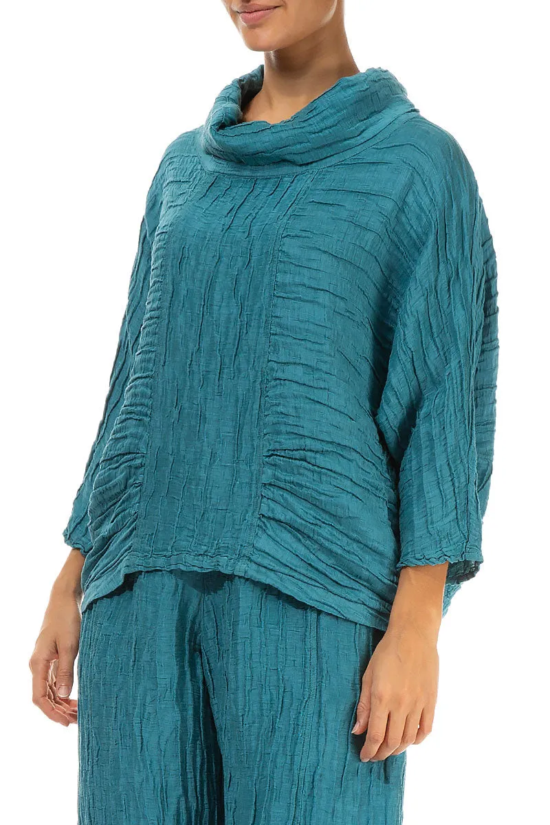 Cowl Neck Crinkled Turquoise Silk Blouse