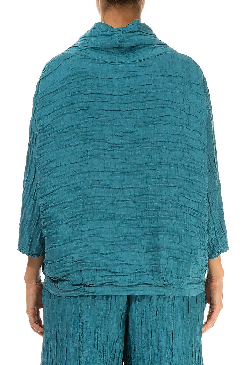 Cowl Neck Crinkled Turquoise Silk Blouse