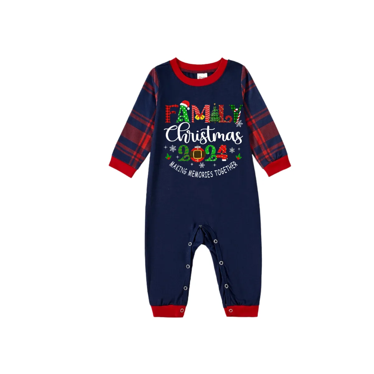 Cute "Family Christmas 2024" Text Prints Blue Long Sleeves Top with Red and Blue Plaid Pants Christmas Matching Pajamas
