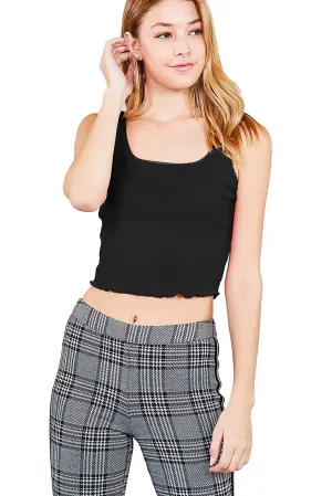 Double Scoop Neck With Lace Trim Lettuce Hem Crop Tank Top