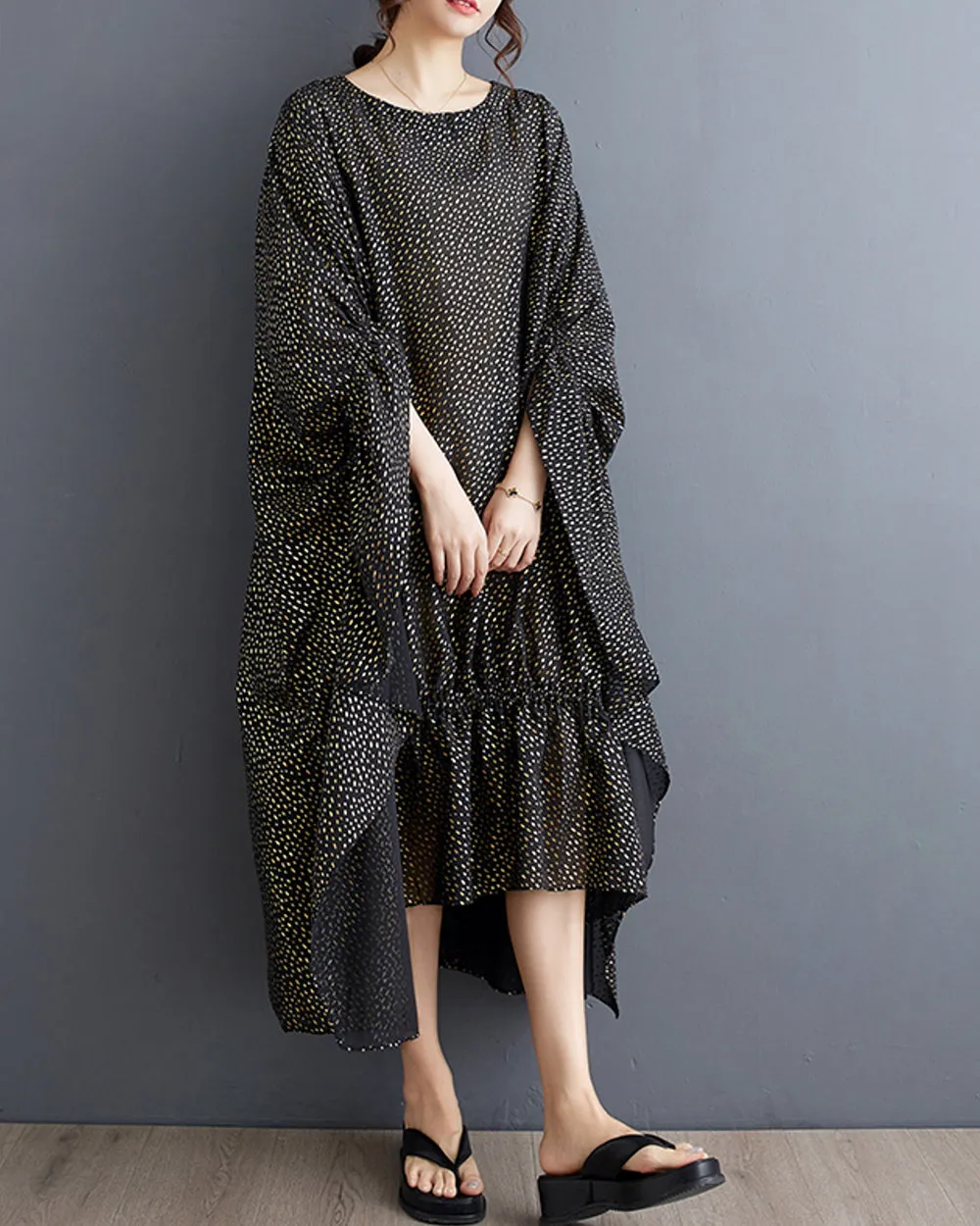 ellazhu Women's Batwing Sleeves Polka Dot Crewneck High Low Irregular Hem Dress GZ182