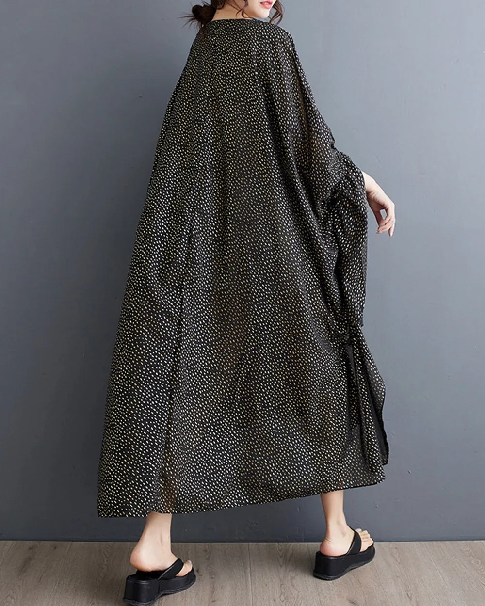 ellazhu Women's Batwing Sleeves Polka Dot Crewneck High Low Irregular Hem Dress GZ182