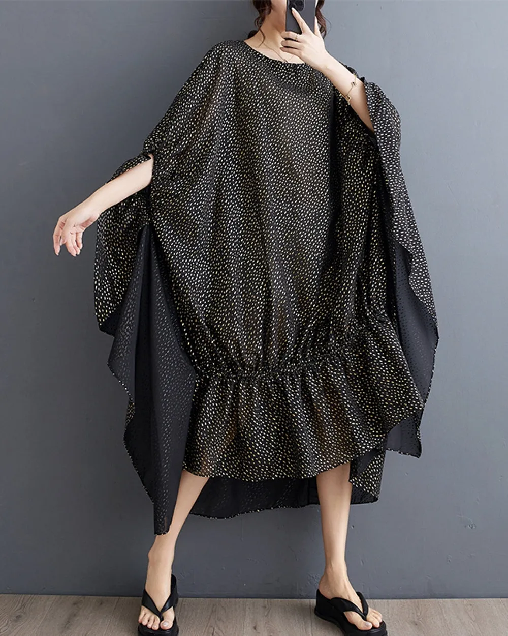 ellazhu Women's Batwing Sleeves Polka Dot Crewneck High Low Irregular Hem Dress GZ182