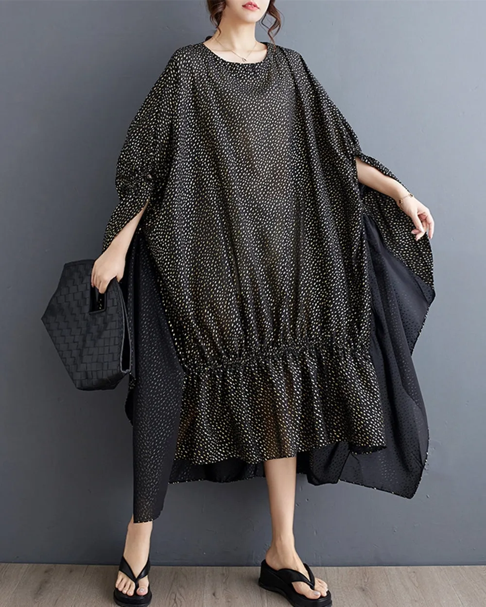 ellazhu Women's Batwing Sleeves Polka Dot Crewneck High Low Irregular Hem Dress GZ182