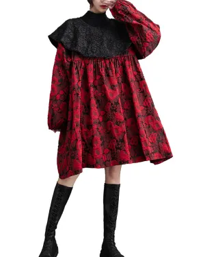 ellazhu Women's Oversized Long Sleeve Patchwork Floral Print Shirt Dress GZ135