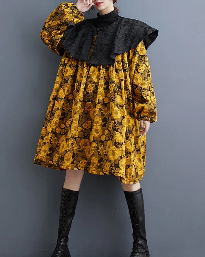 ellazhu Women's Oversized Long Sleeve Patchwork Floral Print Shirt Dress GZ135