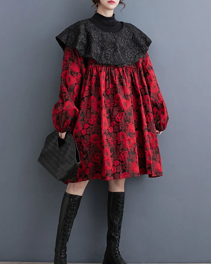 ellazhu Women's Oversized Long Sleeve Patchwork Floral Print Shirt Dress GZ135