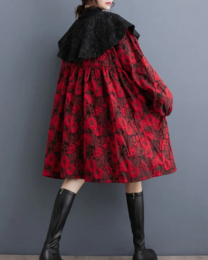 ellazhu Women's Oversized Long Sleeve Patchwork Floral Print Shirt Dress GZ135