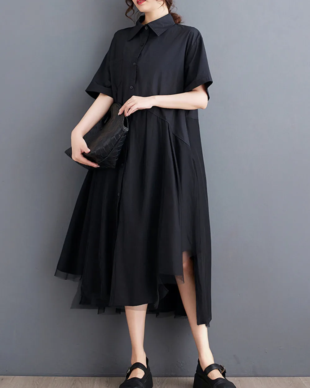 ellazhu Women's Short Sleeves Solid Color Irregular Hem Casual Shirt Dress GZ175