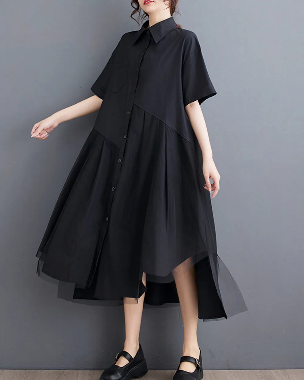 ellazhu Women's Short Sleeves Solid Color Irregular Hem Casual Shirt Dress GZ175