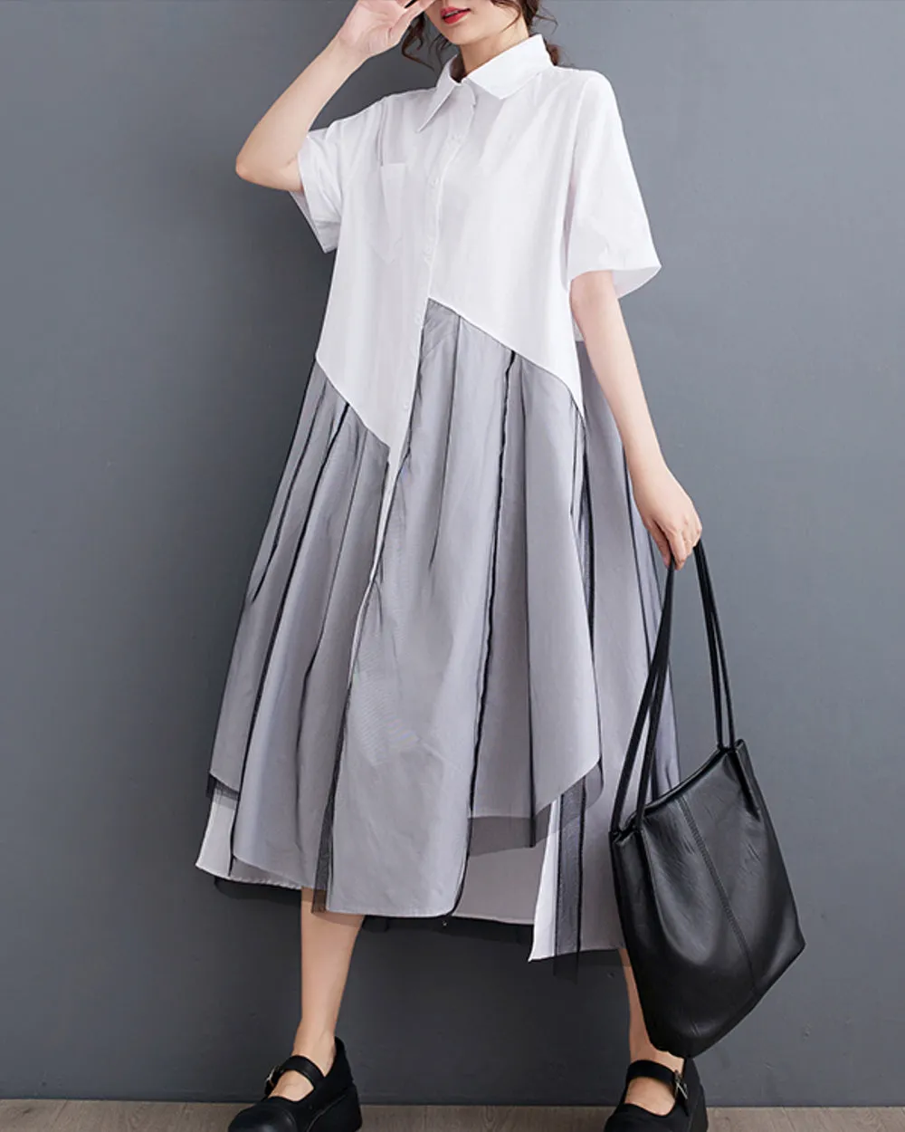 ellazhu Women's Short Sleeves Solid Color Irregular Hem Casual Shirt Dress GZ175