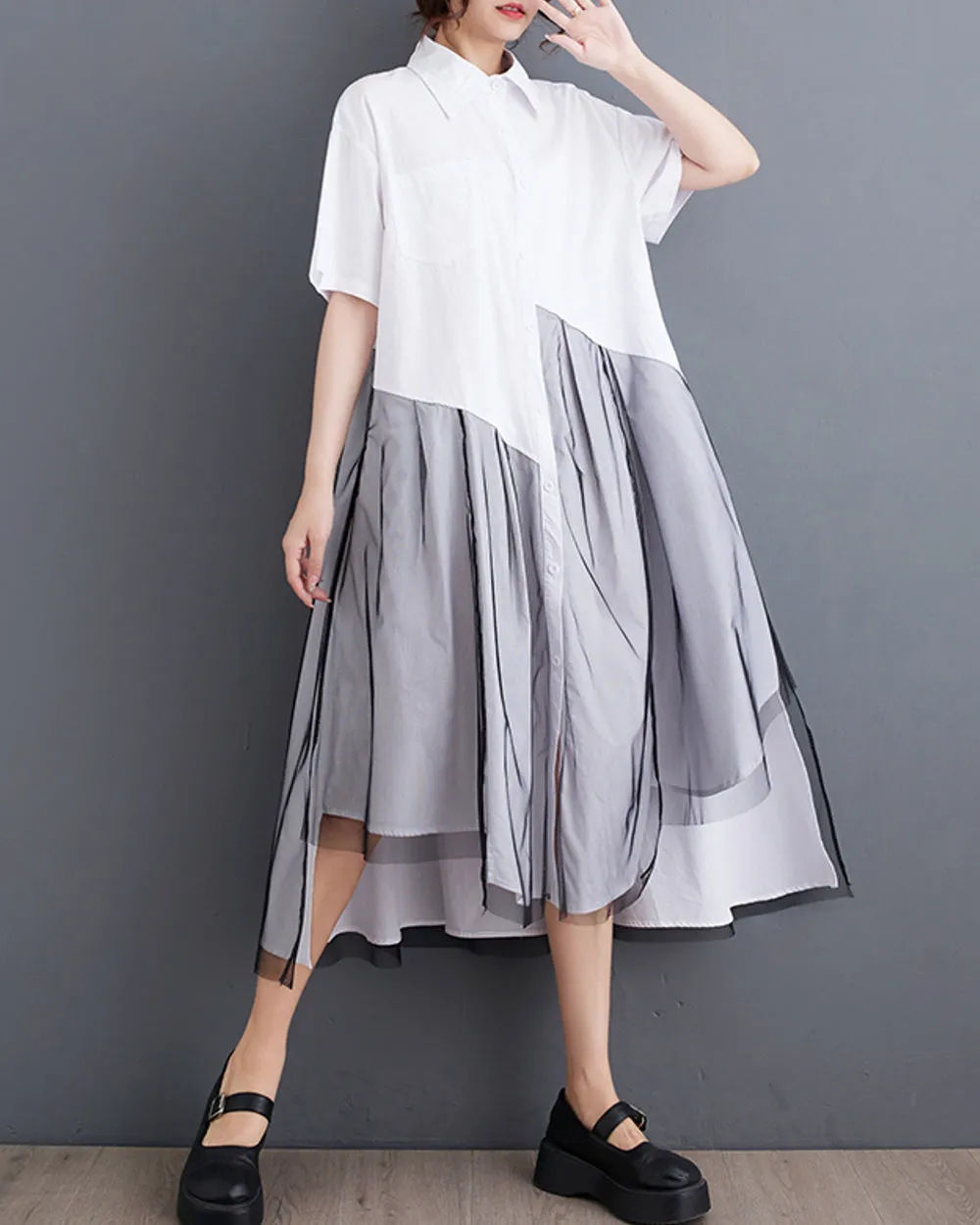 ellazhu Women's Short Sleeves Solid Color Irregular Hem Casual Shirt Dress GZ175