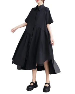 ellazhu Women's Short Sleeves Solid Color Irregular Hem Casual Shirt Dress GZ175