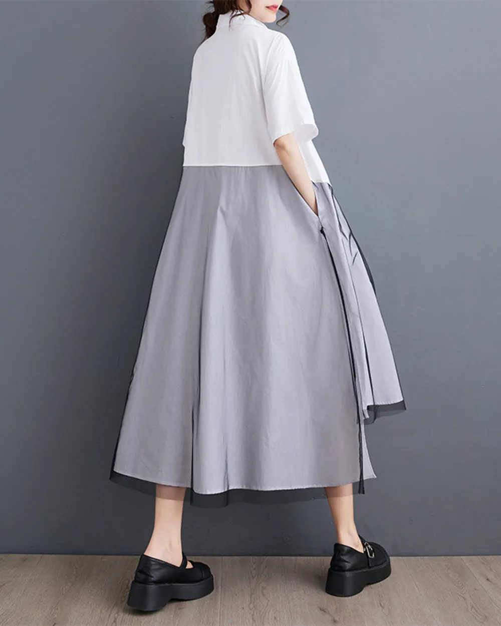 ellazhu Women's Short Sleeves Solid Color Irregular Hem Casual Shirt Dress GZ175