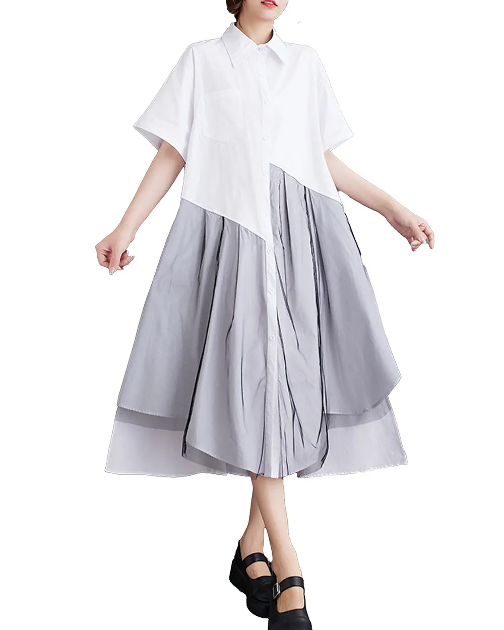 ellazhu Women's Short Sleeves Solid Color Irregular Hem Casual Shirt Dress GZ175