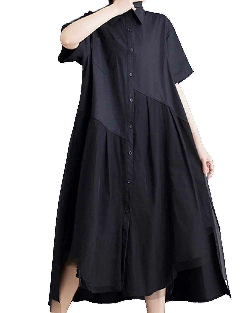 ellazhu Women's Short Sleeves Solid Color Irregular Hem Casual Shirt Dress GZ175