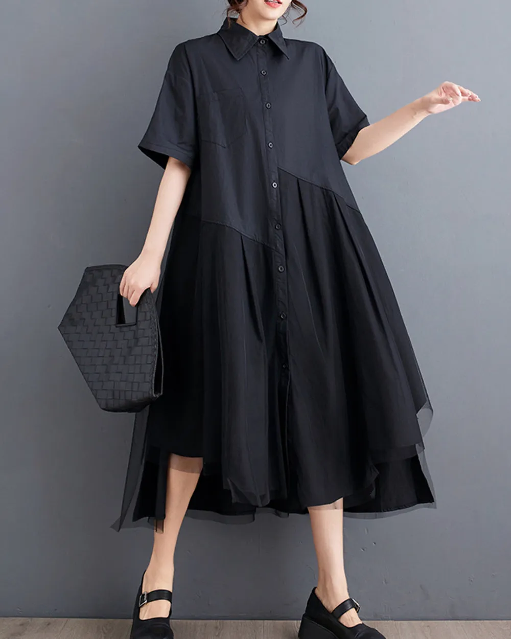 ellazhu Women's Short Sleeves Solid Color Irregular Hem Casual Shirt Dress GZ175
