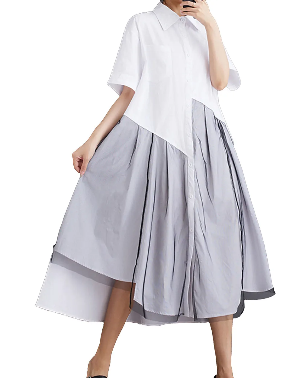 ellazhu Women's Short Sleeves Solid Color Irregular Hem Casual Shirt Dress GZ175