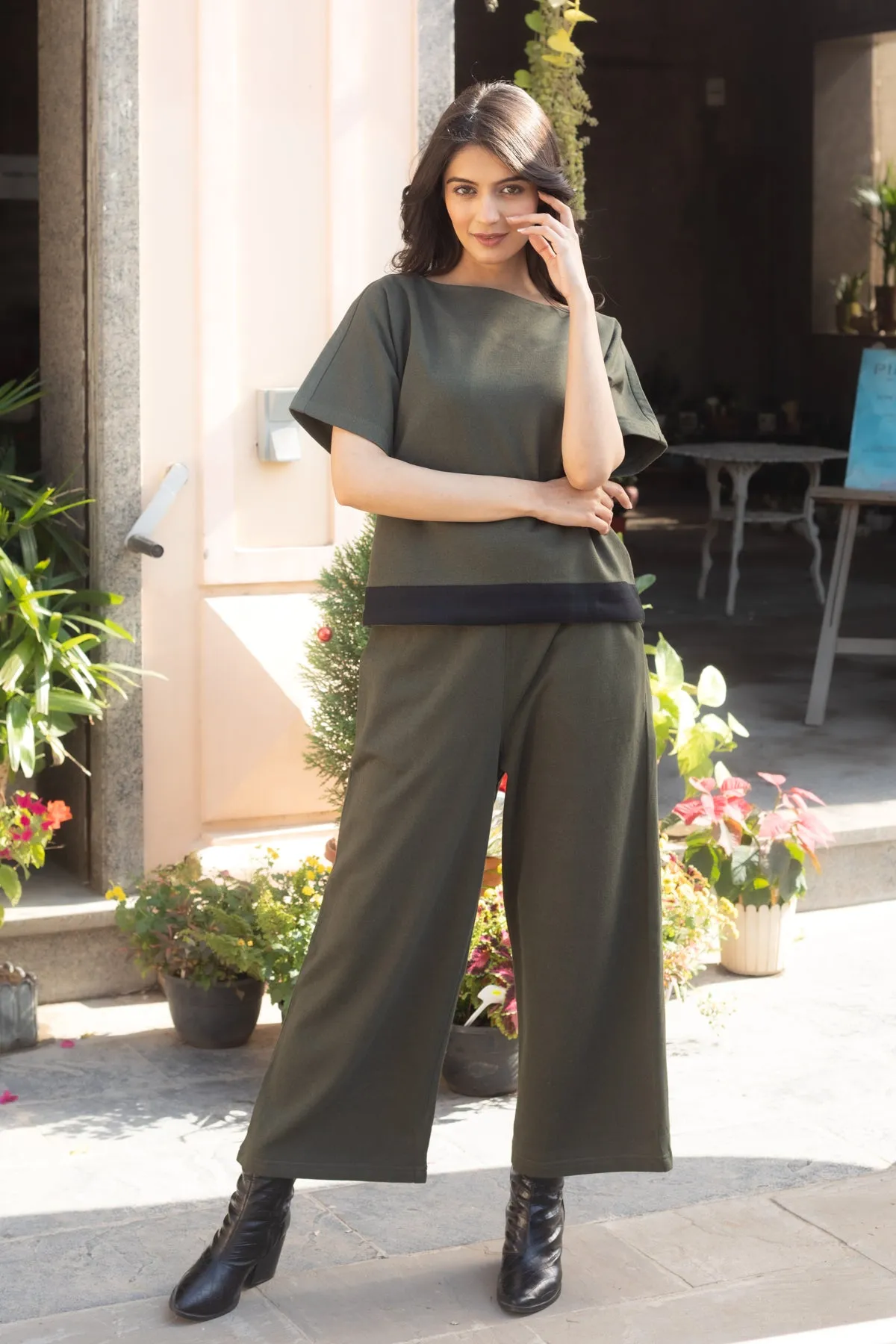 Erica Olive Green Crop Top and Flared Pants for Winter - Set