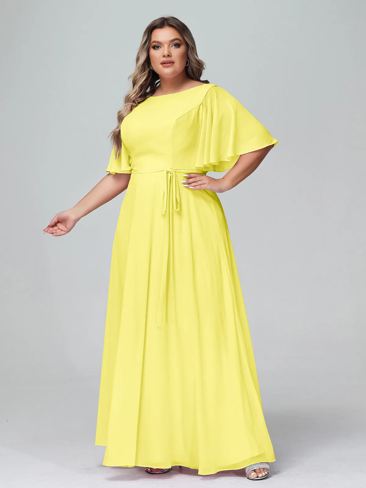 Flutter Sleeves Chiffon Max Dresses with Sash Bow-Lemon Plus Size