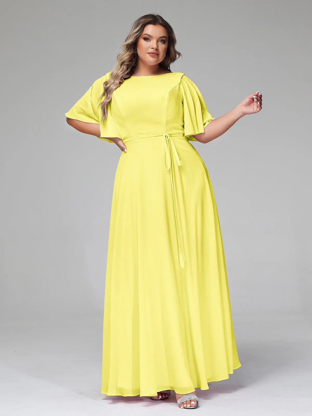 Flutter Sleeves Chiffon Max Dresses with Sash Bow-Lemon Plus Size