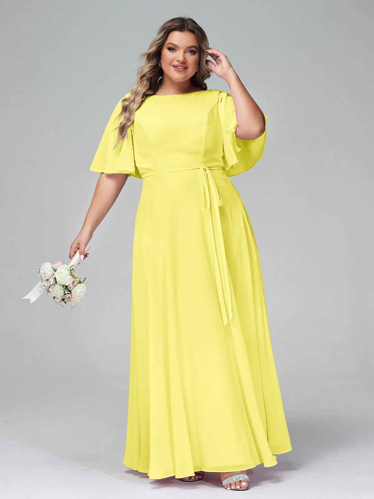 Flutter Sleeves Chiffon Max Dresses with Sash Bow-Lemon Plus Size