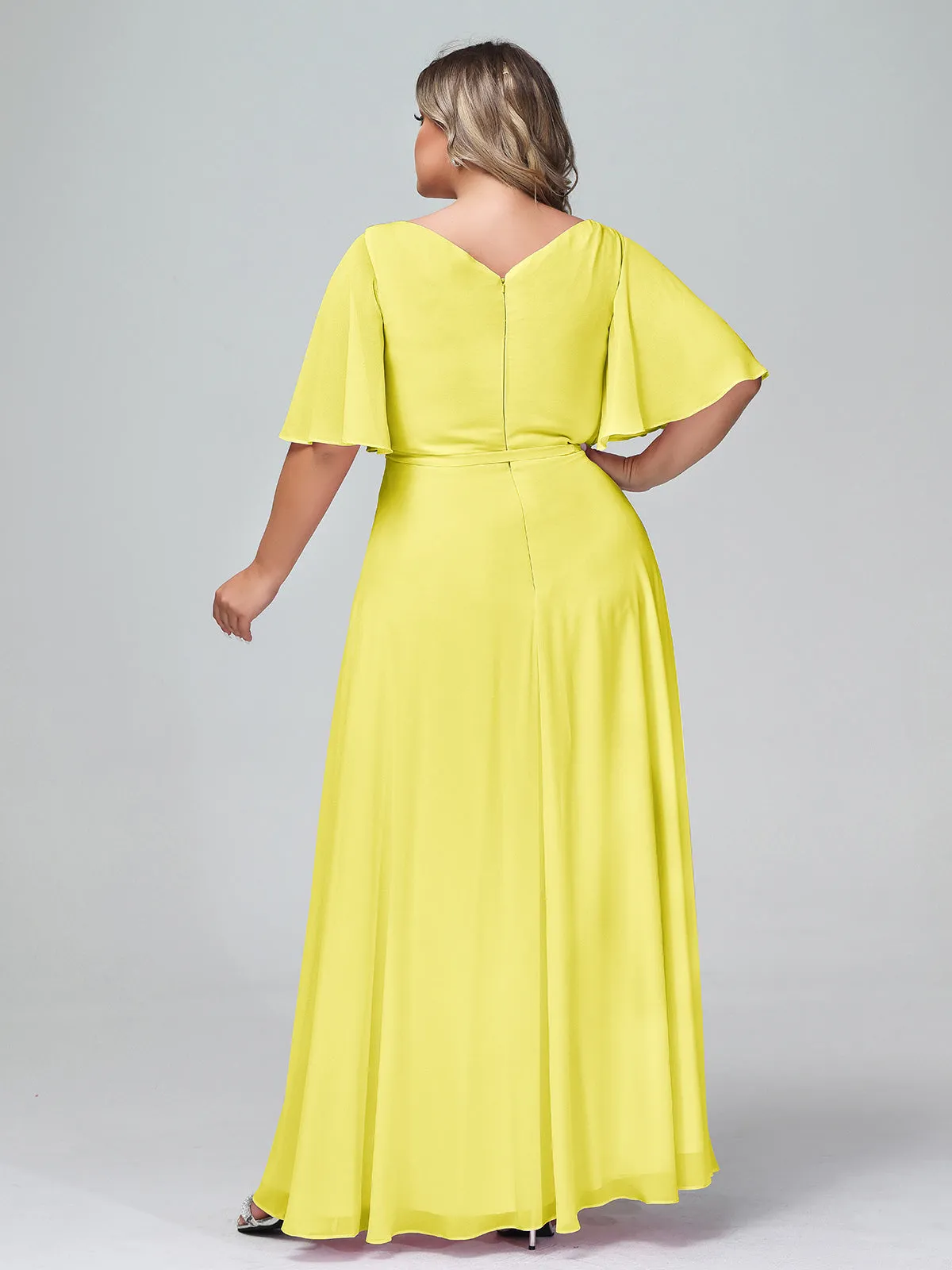 Flutter Sleeves Chiffon Max Dresses with Sash Bow-Lemon Plus Size