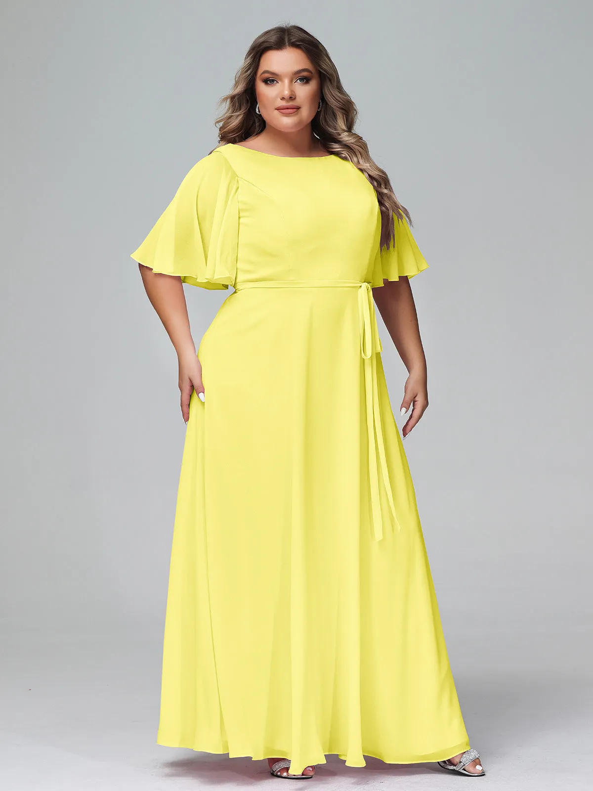 Flutter Sleeves Chiffon Max Dresses with Sash Bow-Lemon Plus Size