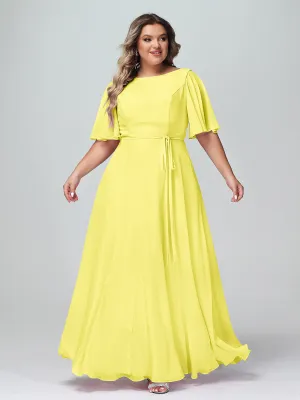 Flutter Sleeves Chiffon Max Dresses with Sash Bow-Lemon Plus Size