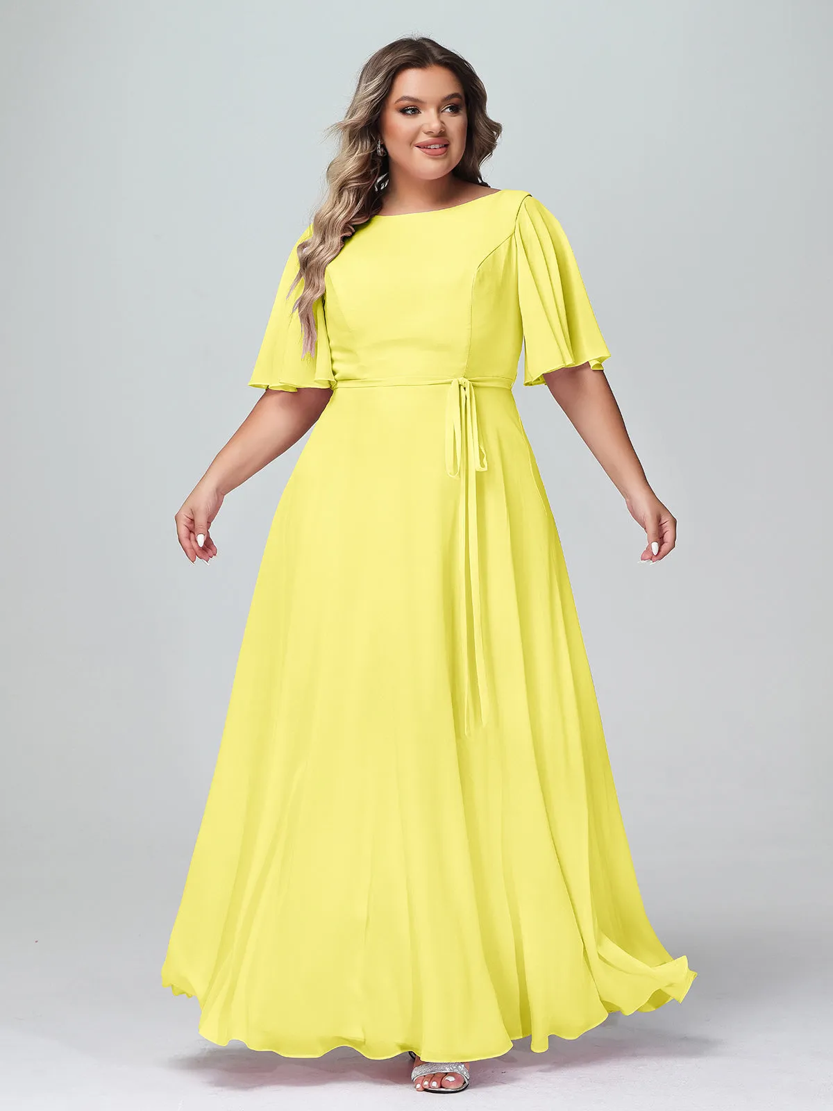 Flutter Sleeves Chiffon Max Dresses with Sash Bow-Lemon Plus Size