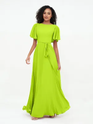 Flutter Sleeves Chiffon Max Dresses with Sash Bow-Lime Green