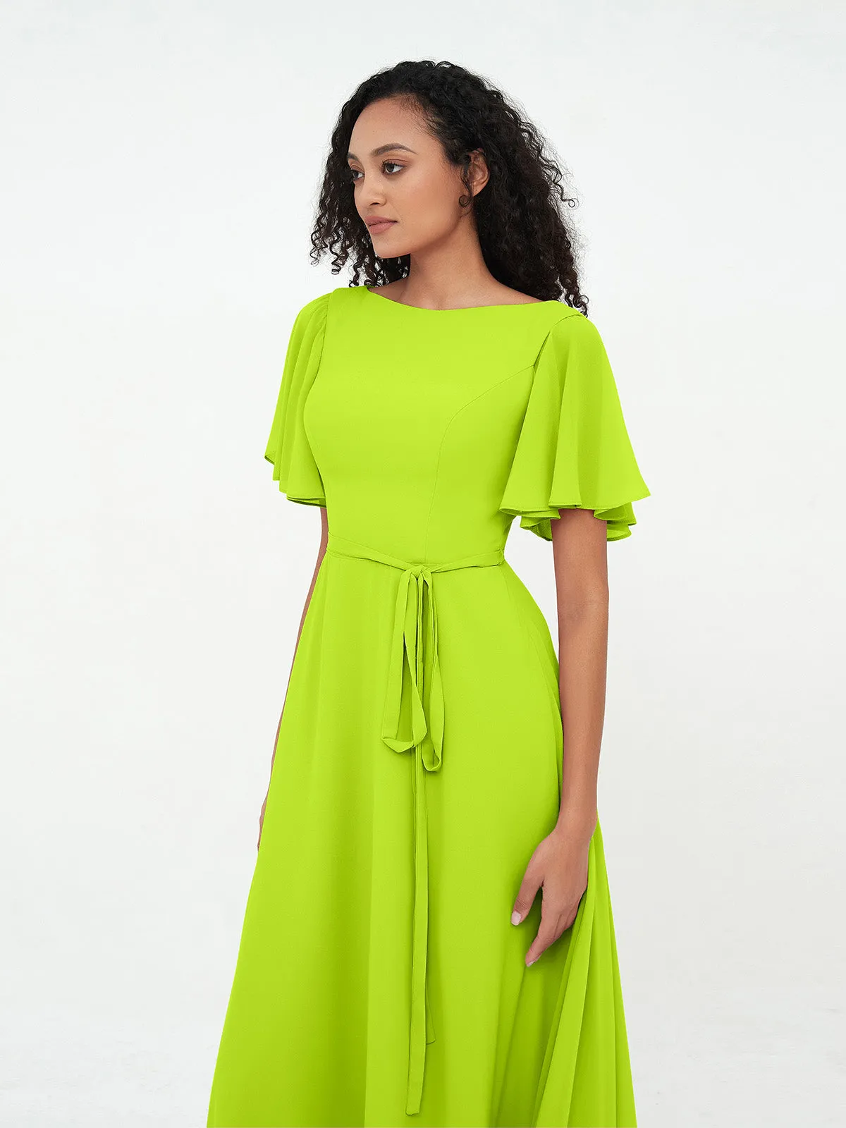 Flutter Sleeves Chiffon Max Dresses with Sash Bow-Lime Green